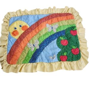 Vintage 70s standard size bed pillow sham. 2" yellow‎ gingham ruffle all around